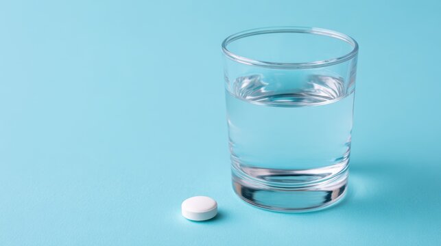 A Glass of Clear Water Next to a White Pill on a Light Blue Background, Symbolizing Health and Wellness