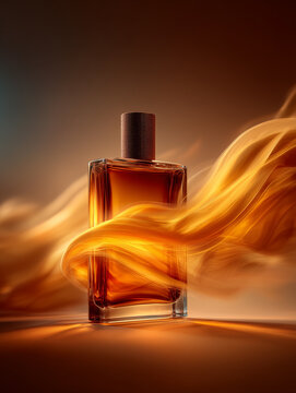 Elegancki flakon perfum o bursztynowej barwie, otulony dynamiczną, ognistą smugą światła. Luksusowa kompozycja w ciepłych tonach emanująca zmysłową energią.