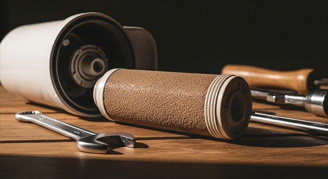 Water filter cartridge with sediment and tools on rustic wooden table, illustrating home maintenance and cleaning
