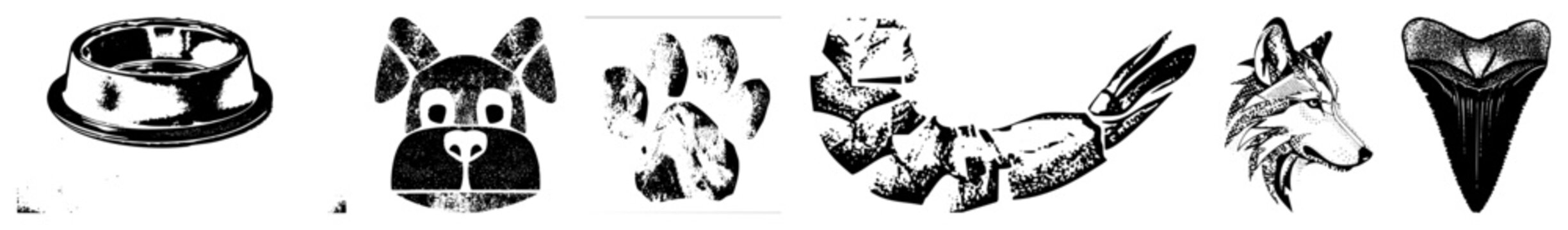 Rugged pet (food dish, dog face, paw, wolf) in bold halftone with grainy texture. &ldquo;&rdquo;/&ldquo;fur baby&rdquo; vibe. Ideal for tattoo shops, pet apparel, or rescue campaigns with edgy &ldquo;skid lid&rdquo; style.