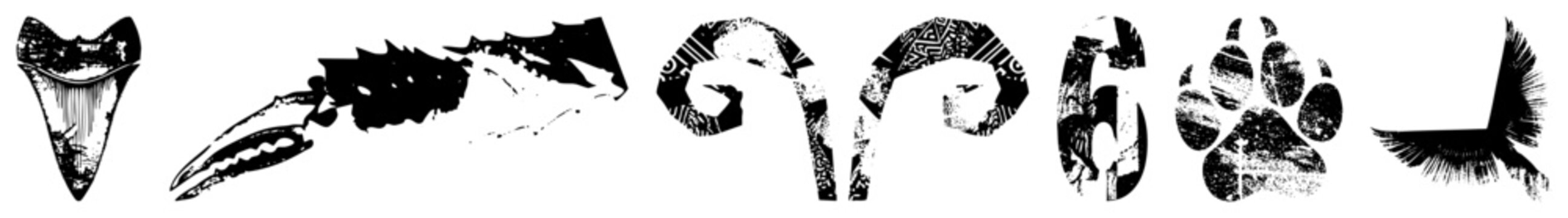 Rugged b&w cutouts shark tooth, lobster claw, ram horn, eye, dog pad, bird wing. Slang skid lid, brain bucket,. Ideal for tattoo flash, merch, or edgy branding.