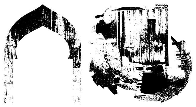 Weathered horseshoe arch, crumbling citadel in gritty stencil often called qubba or mihrab evokes desert ruins, forgotten. Halftone glyph madina/kasbah slang for old walled towns. Ideal
