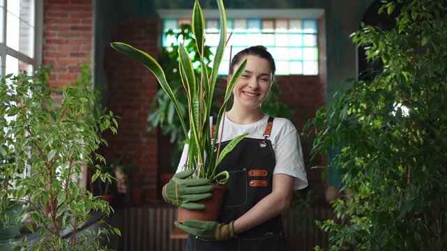Running of own business. Young woman florist holding plant in pot wearing apron in botanical store. Happy small business owner working at flower shop smiling surrounded by plants. Small business
