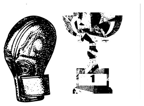Worn boxing mitt and first place trophy in rough halftone &ldquo;skid lid&rdquo; glove, &ldquo;brain bucket&rdquo; vibe. Gritty, victorious duo for fight clubs or raw energy sports branding.