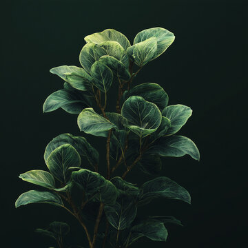 Botaniczna ilustracja przedstawia gałązkę z gęstymi, zaokrąglonymi liśćmi o wyraźnym unerwieniu, rosnącą pionowo na ciemnym, jednolitym tle. Liście mają stonowaną, ciemnozieloną barwę z jaśniejszymi, 