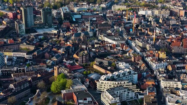 A panoramic Aerial view of the city Liege in Belgium, on a sunny spring morning