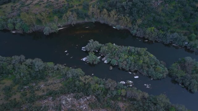 Aerial view from a drone of the Tormes River near Ba&ntilde;os de Ledesma in the Tierra de Ledesma region of the Province of Salamanca, Castile and Le&oacute;n, Spain, Europe