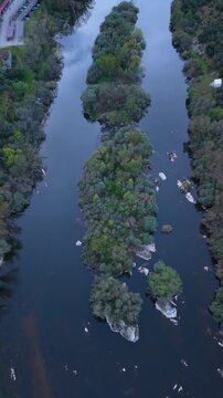 Aerial view from a drone of the Tormes River near Ba&ntilde;os de Ledesma in the Tierra de Ledesma region of the Province of Salamanca, Castile and Le&oacute;n, Spain, Europe