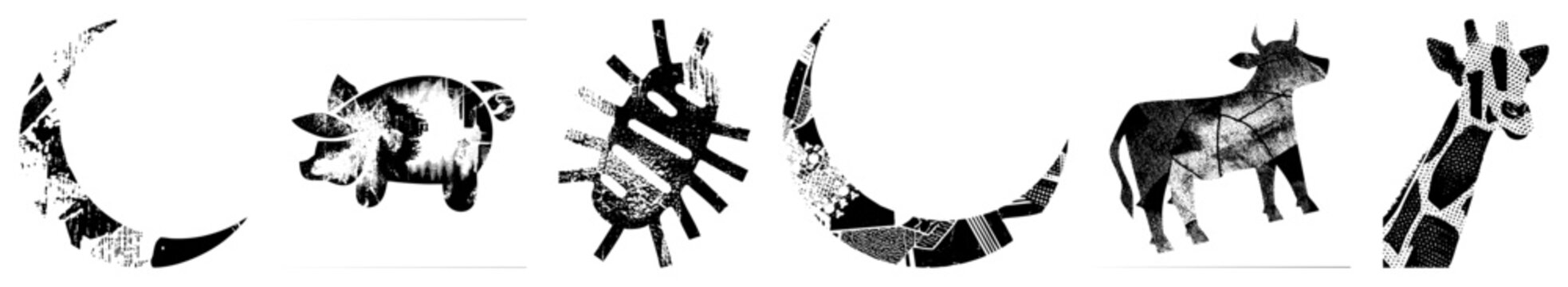 Grungy wildlife cutouts porker, beef critter, long necked browser in glyph silhouettes with halftone, grunge, and patchwork geometry. Ideal for edgy branding or vintage posters.