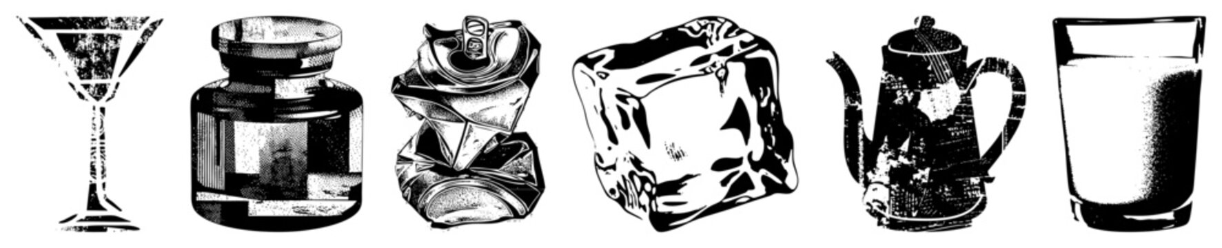 Halftone vector set of beverage containers in gritty vintage style &ldquo;skid lid&rdquo; cans, &ldquo;brain bucket&rdquo; ice cubes. silhouettes evoke retro diner/bar vibes. Ideal for nostalgic branding or appa