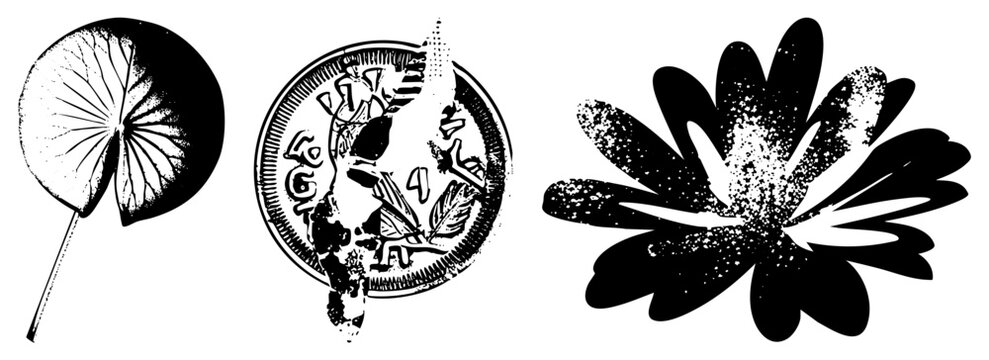 Three plant inspired graphics lily pad (water plate/leaf disc), coin style emblem (token/medallion), daisy bloom (sunflower/daisy). Gritty, high contrast. Ideal for edgy branding or vintag