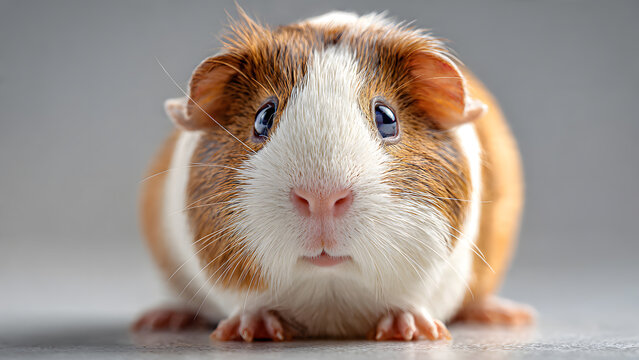 Brown and White Guinea Pig Portrait - Cute Cavy Close Up on Grey Background