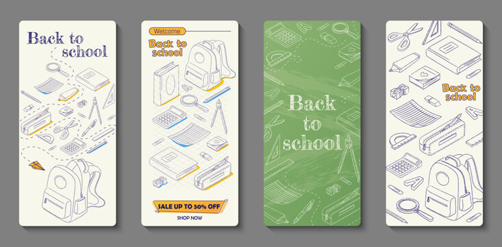 Vector set of back to school vertical banner with isometric illustration of stationery and school supplies. Education templates for stories, social media and promotions.