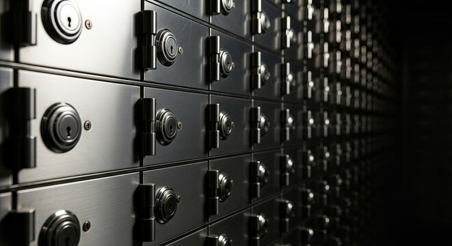 Bank safe deposit boxes with detailed locks, bank vault security, financial investment and wealth management, dramatic lighting with copy space.
