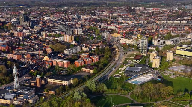 A panoramic Aerial view of the city Liege in Belgium, on a sunny spring morning