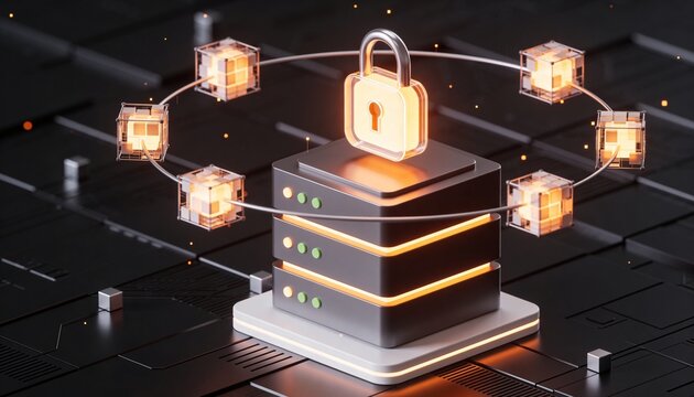 Minimalist 3D isometric render of a geometric server block structure with a glowing padlock node mounted on top, floating cubic data particles orbiting, dark futuristic background, vibrant digital col