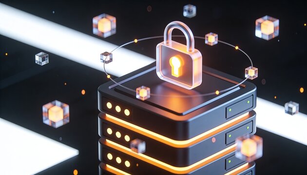 Minimalist 3D isometric render of a geometric server block structure with a glowing padlock node mounted on top, floating cubic data particles orbiting, dark futuristic background, vibrant digital col