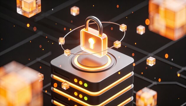 Glowing padlock node mounted atop a geometric server block structure, floating cubic data particles orbiting, minimalist clean 3D isometric render, dark futuristic backdrop, vivid color scheme, logo-f