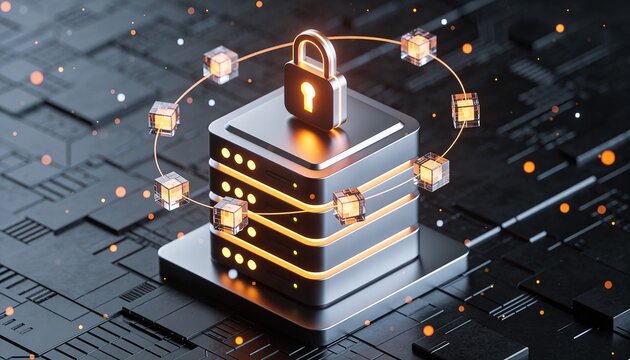 Minimalist 3D isometric render of a geometric server block structure with a glowing padlock node mounted on top, floating cubic data particles orbiting, dark futuristic background, vibrant digital col