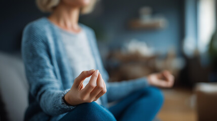 Obraz premium Faceless woman meditating with chakra alignment, breathing, and zen mindfulness at home for spiritual balance, holistic health, and wellness in a living room. Defocused living