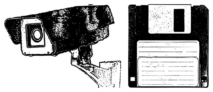 Grainy cam (skid lid/brain bucket) beside retro floppy (/diskette),, vintage texture. Evokes analog paranoia digital nostalgia ideal for posters or tech branding.