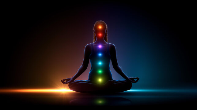 Faceless meditation silhouette with seven glowing chakra energy points along the spine, colorful aura, and relaxed lotus posture for a spiritual wellness concept. Seven chakra