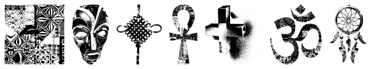 Naklejka premium Bold black and white mystical glyphs Ankh, Om, dreamcatcher, ancestor mask pulsing with ancient energy. Ideal for esoteric branding or tattoos. More than designs portals to meaning.
