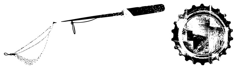 Obraz premium Distressed rod, reel, and weathered bottle cap evoke old school angling crimped edges and speckles hint at roadside taverns and sun bleached dockside tales.