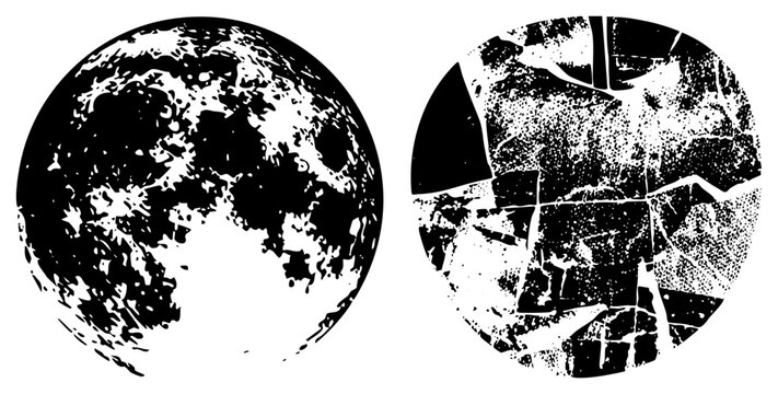 Lunar surface rendered in gritty halftone style, cracked moon face, celestial body with distressed look sometimes called Luna or Selene in myth. Perfect for sci fi or vintage space posters.