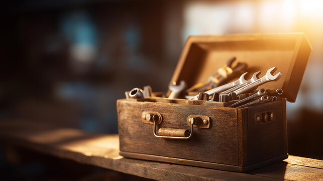 Sunlit vintage toolbox open and filled with wrenches and tools on a workbench in a warm dusty workshop atmosphere. Defocused background. Vintage toolbox sunlit, wrenches