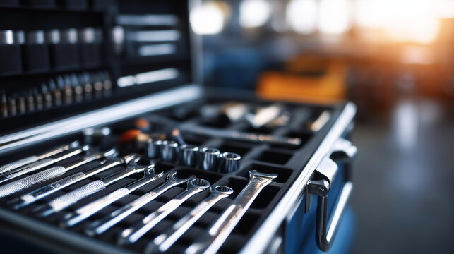 Open toolbox filled with meticulously organized mechanic tools in a professional maintenance and repair concept. Defocused background. Organized mechanic tools, open toolbox,