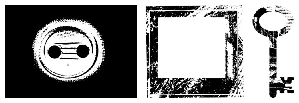 Vintage style key, button, and frame cutouts rendered in gritty halftone skid lid for designers, brain bucket for creatives. Perfect as logo assets or poster elements with raw, industrial vibe.