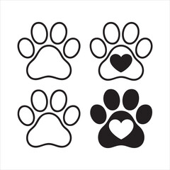 Fototapeta premium Pet paw print outline and solid icons with heart set vector animal footprint logo design elements.