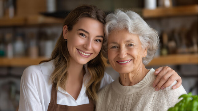 Faceless adult child hugging or helping a senior mother in a house kitchen while cooking healthy food together with love in a family concept. Defocused kitchen background. Adult