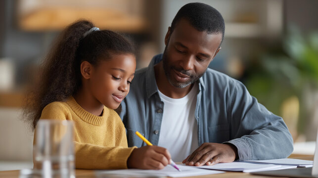 Faceless African father helping his young girl with flash cards, homework, and academic assignments at home in an education and homeschool concept. Defocused home background.