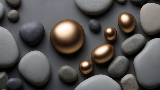 A collection of smooth, rounded stones in varying shades of gray and metallic gold, arranged in a pleasing composition