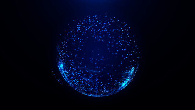 Blue particle sphere with glowing dust, floating digital dots and dark futuristic depth, abstract energy orb with sci fi technology mood.