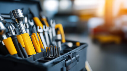 Fototapeta premium Open toolbox with assorted metal tools for a general maintenance and repair concept. Defocused background. Metal tools open, assorted toolbox, maintenance repair, general concept