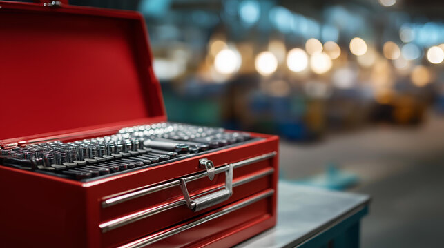 Open red tool chest with organized socket and ratchet tools in a professional workshop setting. Defocused workshop background. Red tool chest, socket ratchet, organized workshop,