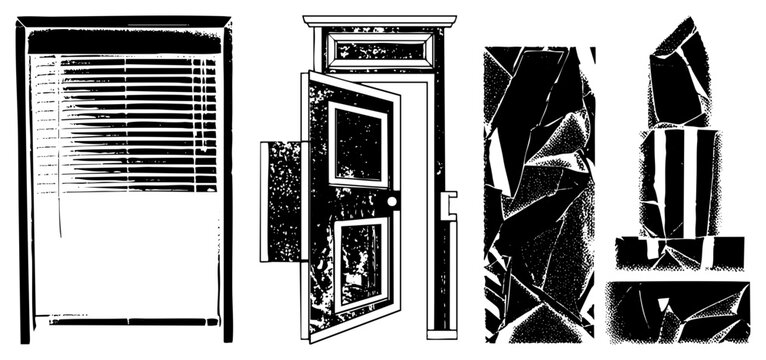 Black and white sketch of a cracked, ajar door beside shattered glass &ldquo;skeleton door&rdquo; or &ldquo;ghost entry&rdquo; with half drawn blinds. Halftone textures and raw suggest decay, mystery, suspense. Idea
