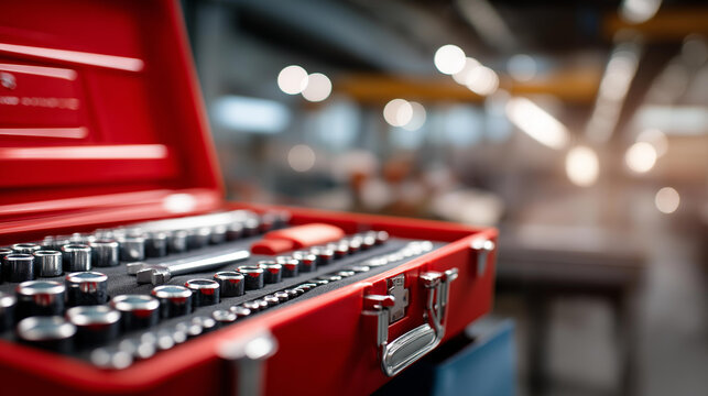 Open red tool chest with organized socket and ratchet tools in a professional workshop setting. Defocused workshop background. Red tool chest, socket ratchet, organized workshop,