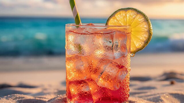 Refreshing Tropical Cocktail on Sandy Beach with Ocean Waves at Sunset.