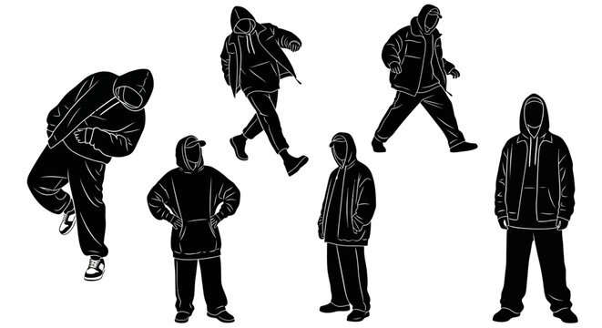 Hooded figures in various poses, minimalist black silhouettes