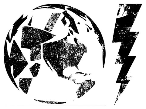 Shattered world map beside a jagged lightning bolt gritty stencil style. Ideal for edgy branding, protest art, or urgent climate messaging.