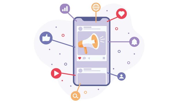 Social Media Marketing Animation: Smartphone with Megaphone and Popping Engagement Icons Seamless Loop