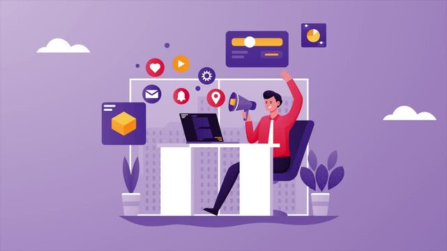 Business Professional Marketing Animation: Businessman with Megaphone and Digital Marketing Icons Loop