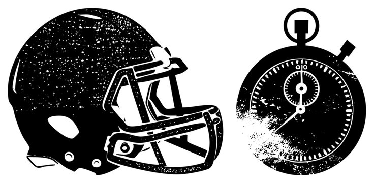 Gritty football helmet (brain bucket/skid lid) vintage stopwatch raw halftone texture for sports branding. Toughness meets timing, ideal for posters or team gear.