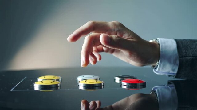 Hands interact with colorful buttons in a modern setup while a game plays at night. The focus is on the movement of fingers and the excitement of the activity.