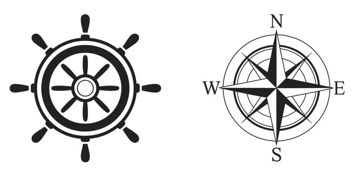 Nautical Symbols Set, minimal vector ship&rsquo;s wheel and compass rose icons for navigation marine adventure sailing and maritime branding design