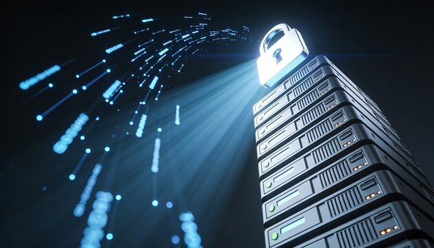 Radiant padlock hovering at the peak of a towering server stack emitting downward light beams, floating ascending data stream particles, minimalist clean 3D low-angle render, dark dramatic futuristic 